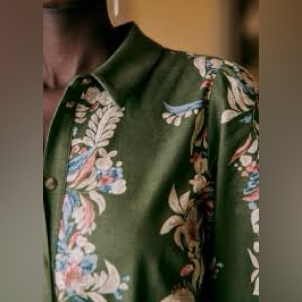 Sezane Olive Green Floral Long Sleeve Shirt Dress - Picture 3 of 5